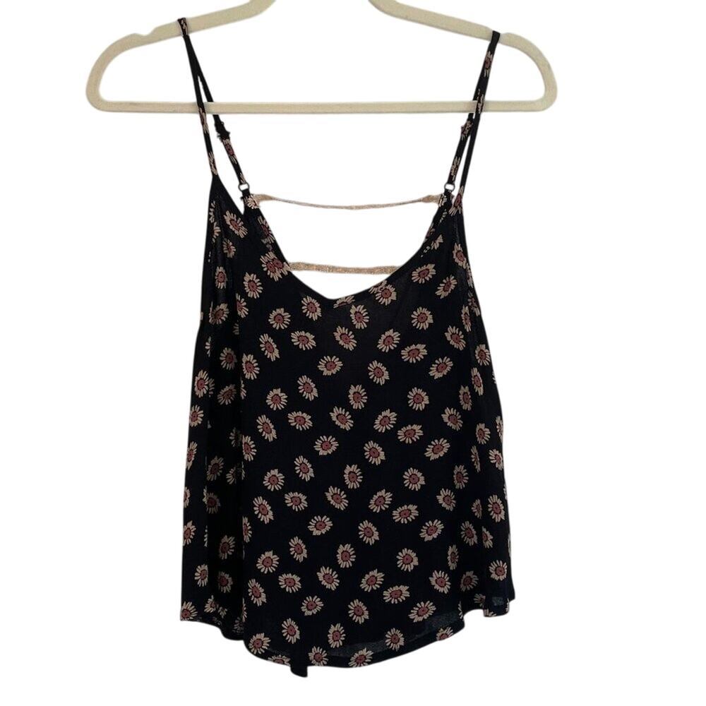Lush Black, Pink, Floral Feminine Daisy Boho Camisole Spaghetti Strap Top, S
